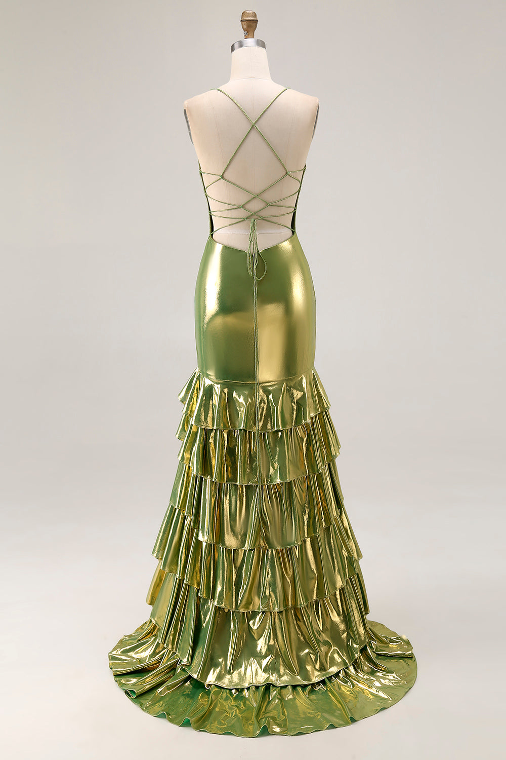 Metallic Gold Tiered Mermaid Lace Up Back Prom Dress With Slit