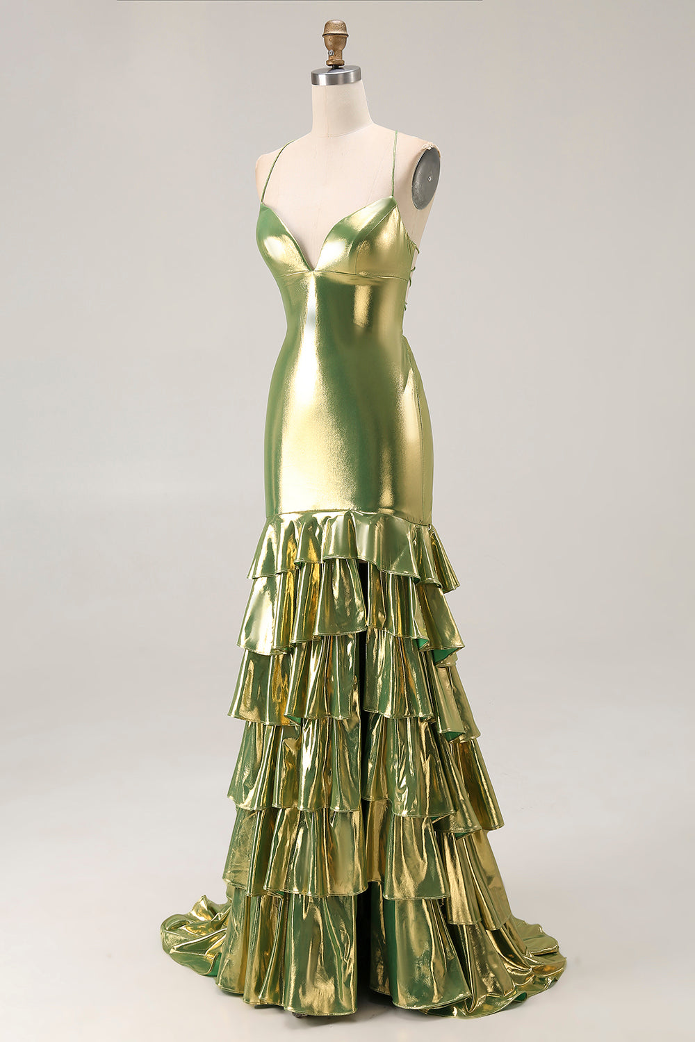 Metallic Gold Tiered Mermaid Lace Up Back Prom Dress With Slit
