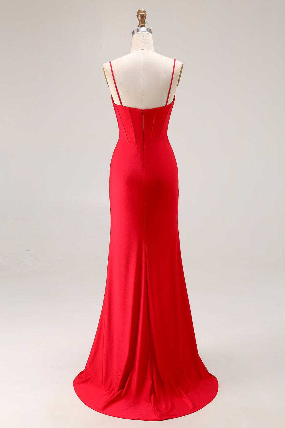 Red Corset Mermaid Spaghetti Straps Satin Prom Dress