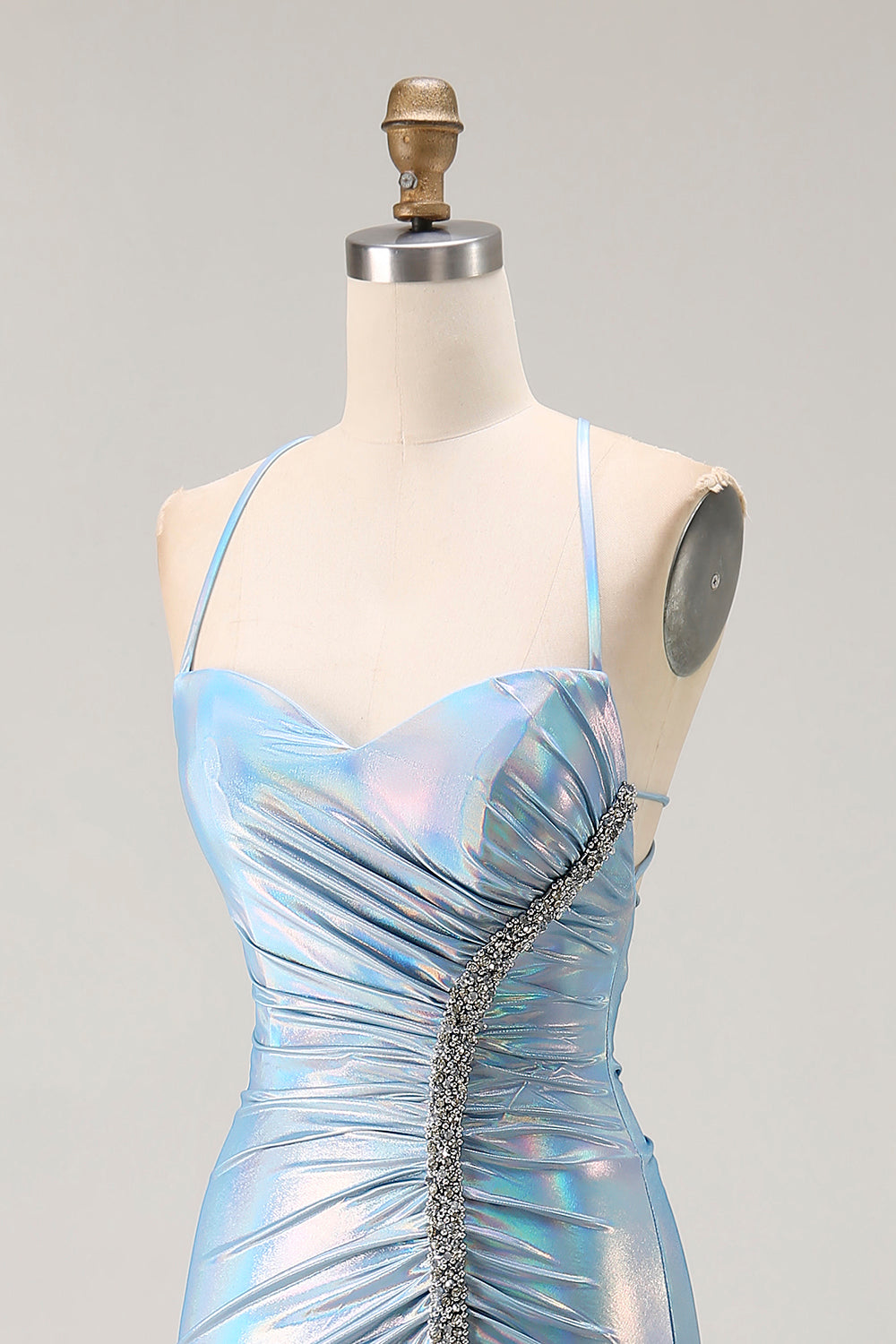 Light Blue Metallic Beaded Mermaid Prom Dress With Slit