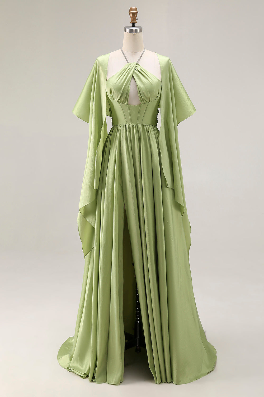 Sage Green Corset A Line Keyhole Maxi Prom Dress With Slit