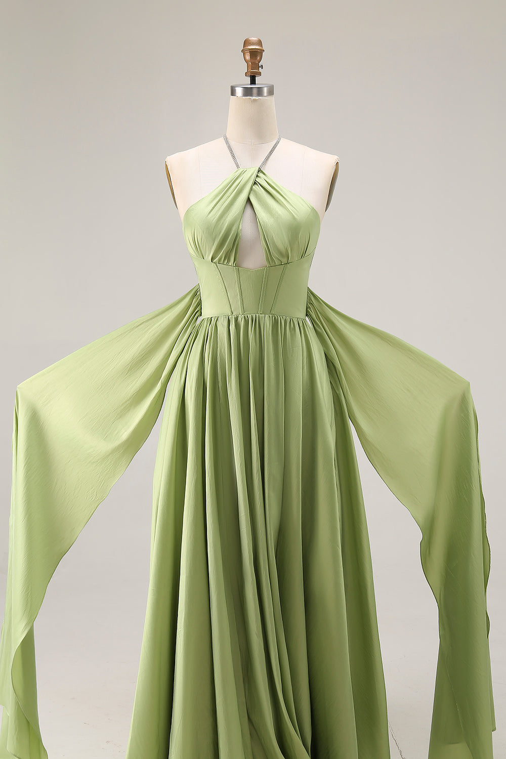 Sage Green A Line Corset Keyhole Maxi Evening Dress With Slit