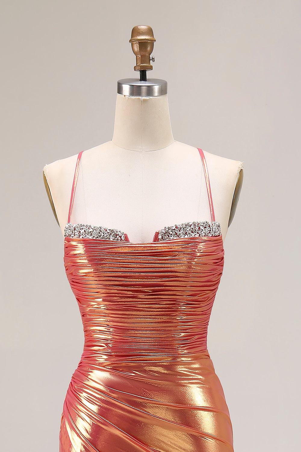 Metallic Orange Mermaid Ruched Prom Dress With Slit