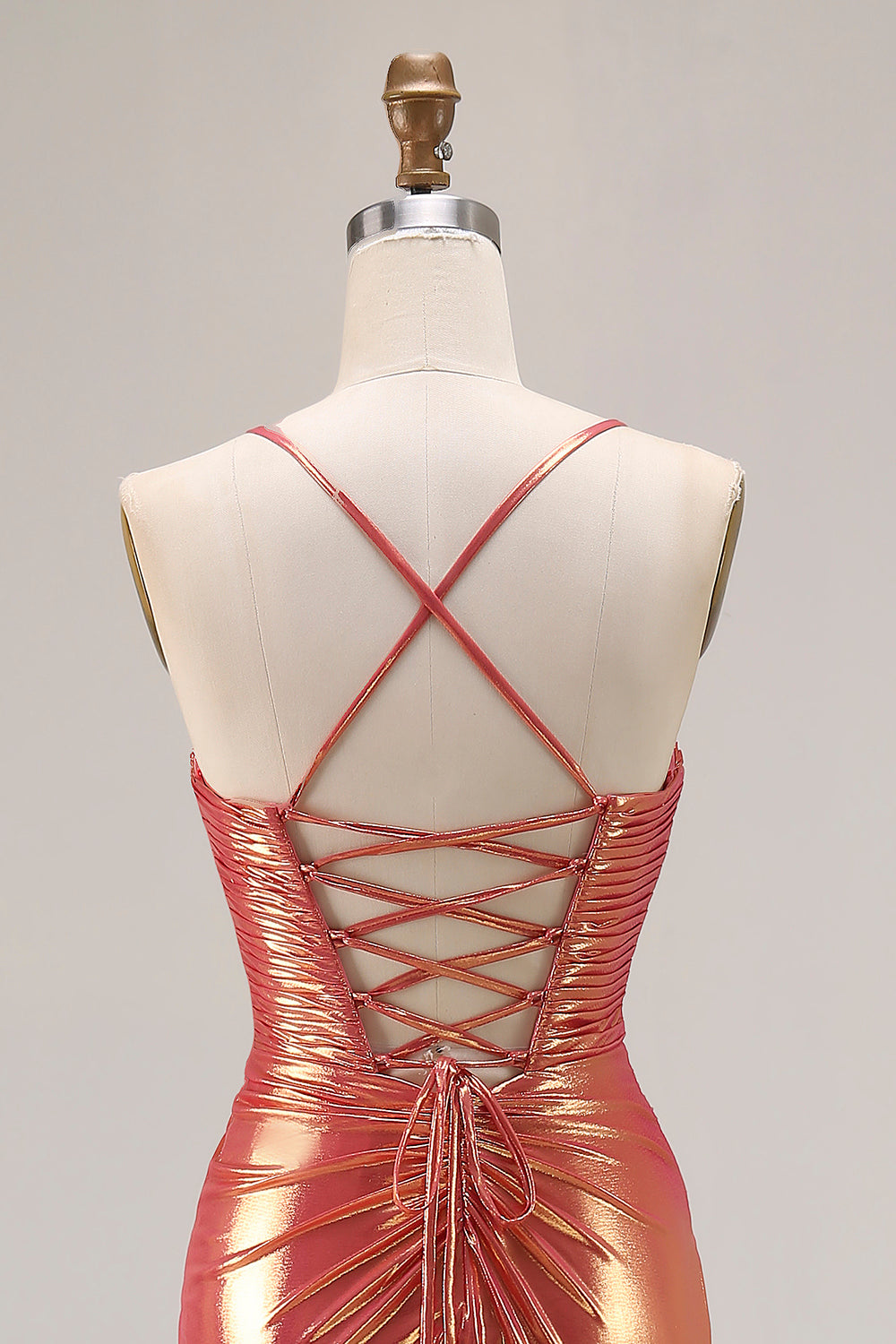 Metallic Orange Mermaid Ruched Prom Dress With Slit