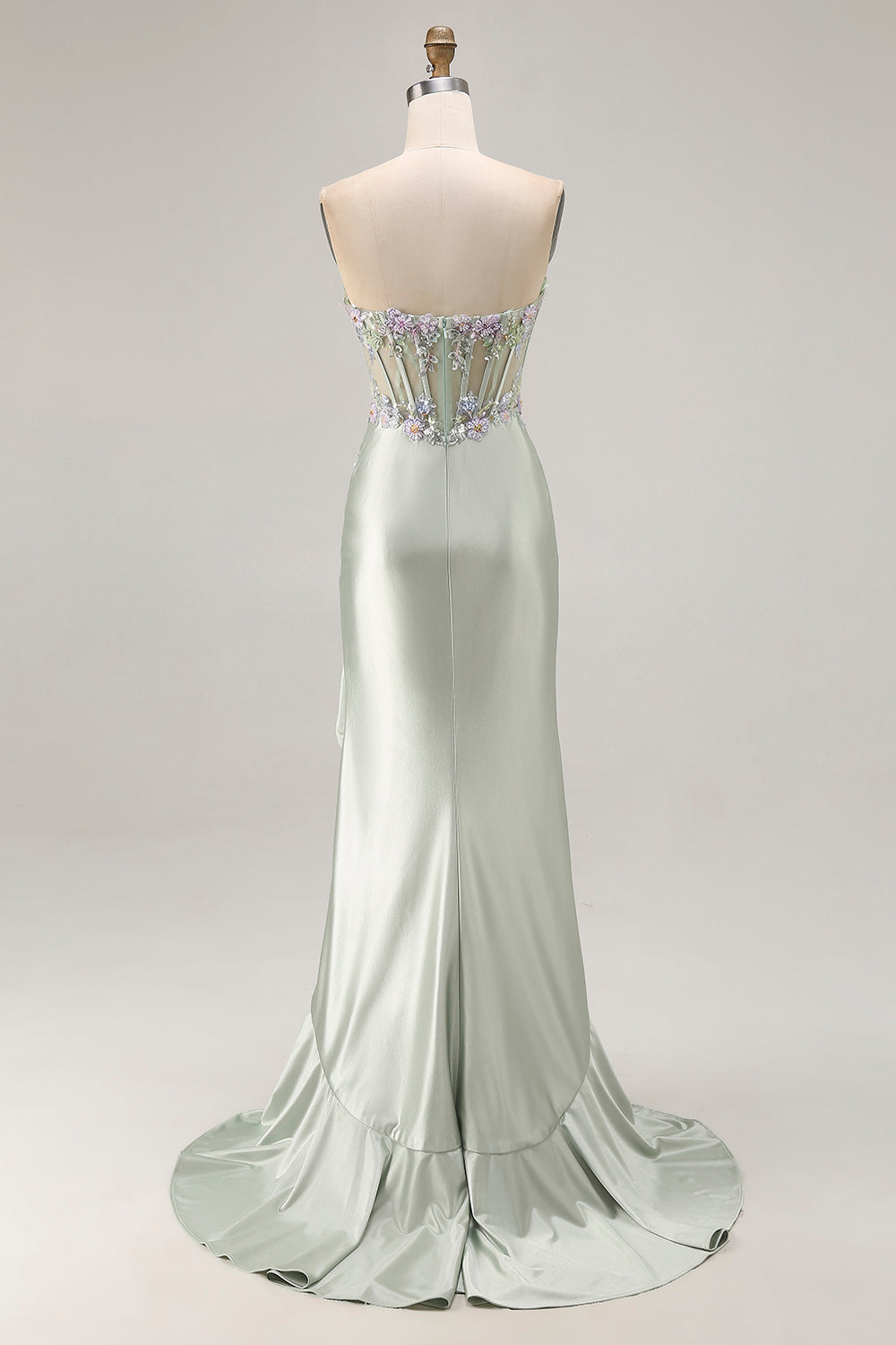 Dusty Sage Corset Appliqued Strapless Mermaid Prom Dress With Ruffle Slit