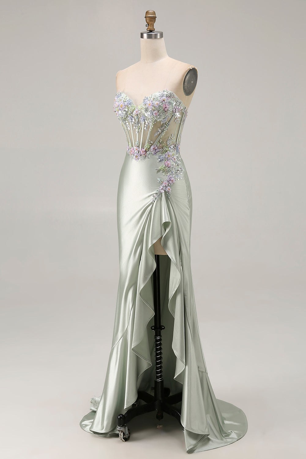 Dusty Sage Sweetheart Appliqued Corset Prom Dress With Ruffle Slit