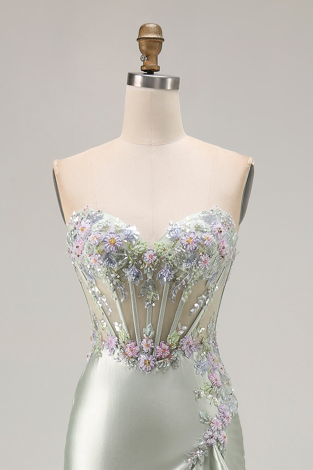 Dusty Sage Sweetheart Appliqued Corset Prom Dress With Ruffle Slit