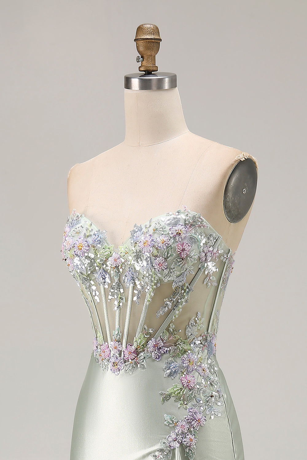 Dusty Sage Sweetheart Appliqued Corset Prom Dress With Ruffle Slit