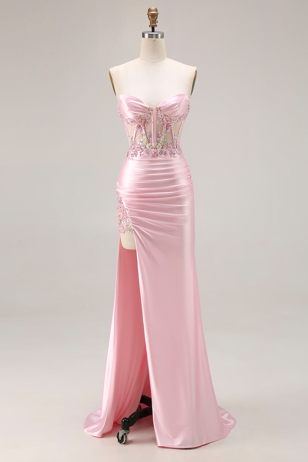 Pink Strapless Mermaid Appliqued Corset Prom Dress With Slit