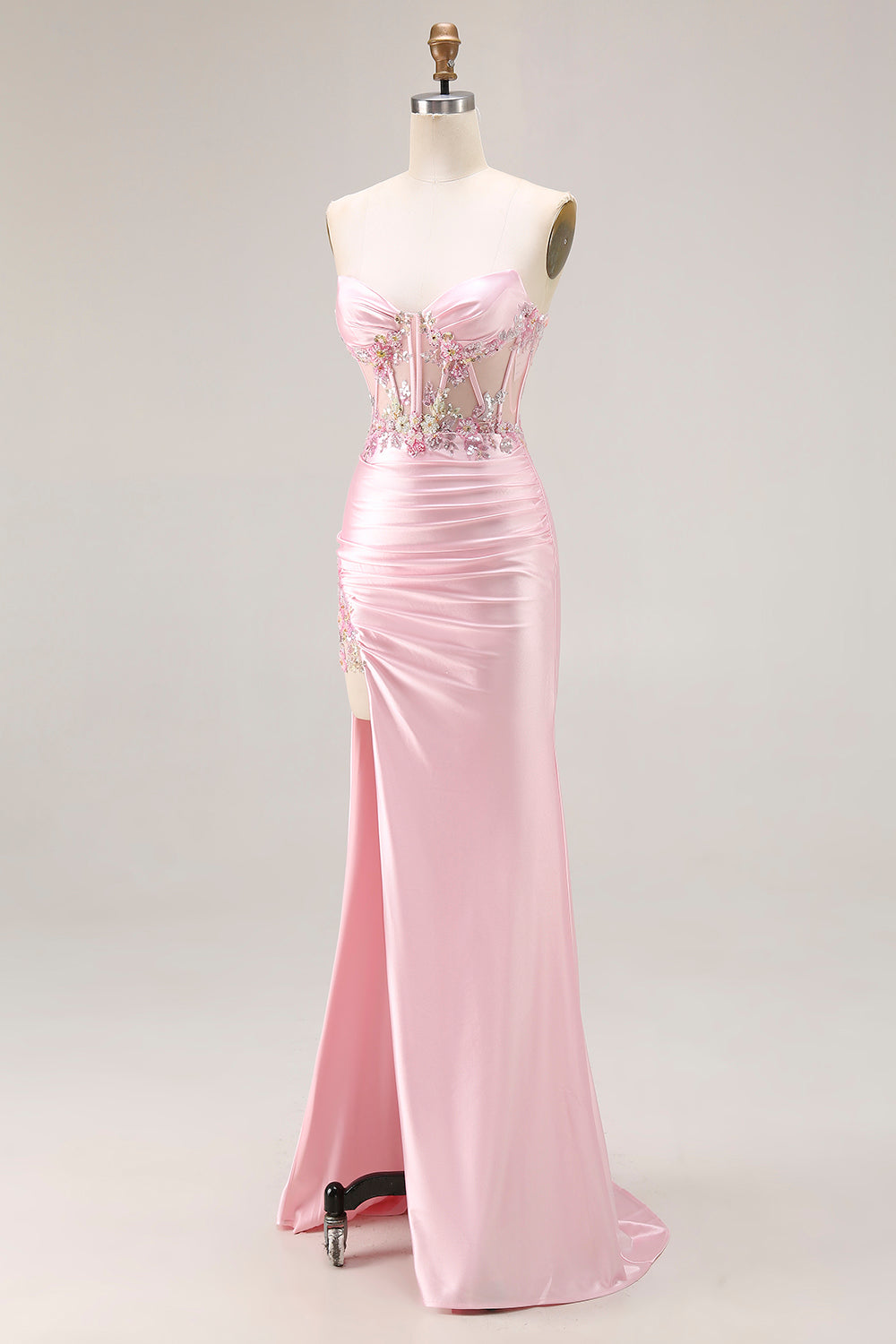 Sweetheart Corset Pink Appliqued Maxi Prom Dress With Slit