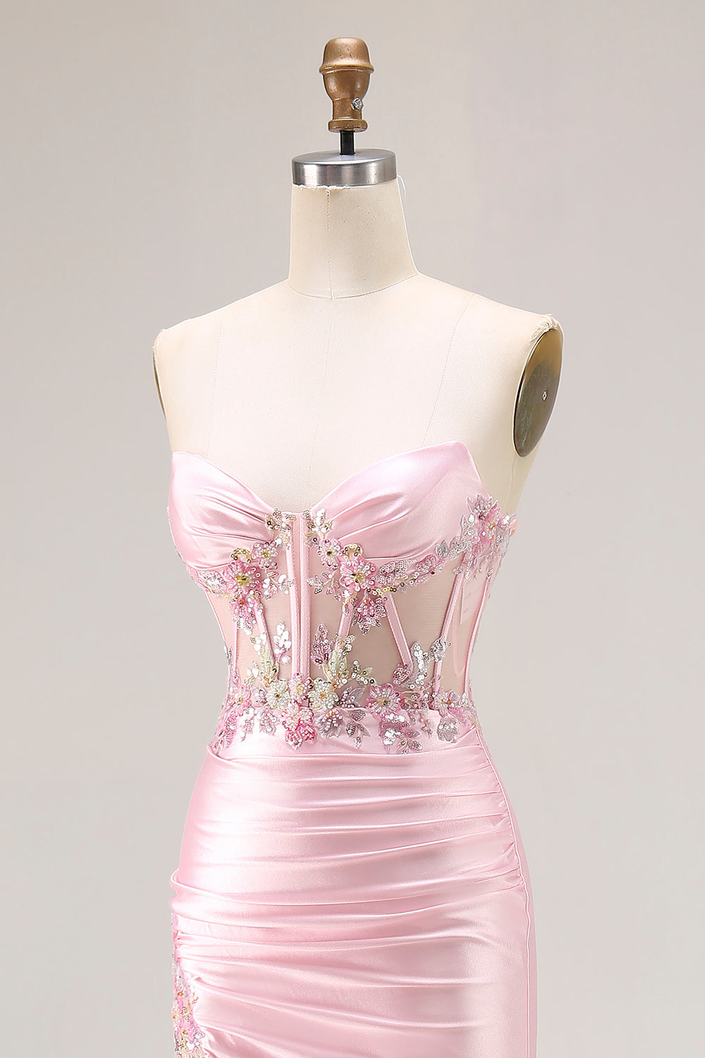 Sweetheart Corset Pink Appliqued Maxi Prom Dress With Slit