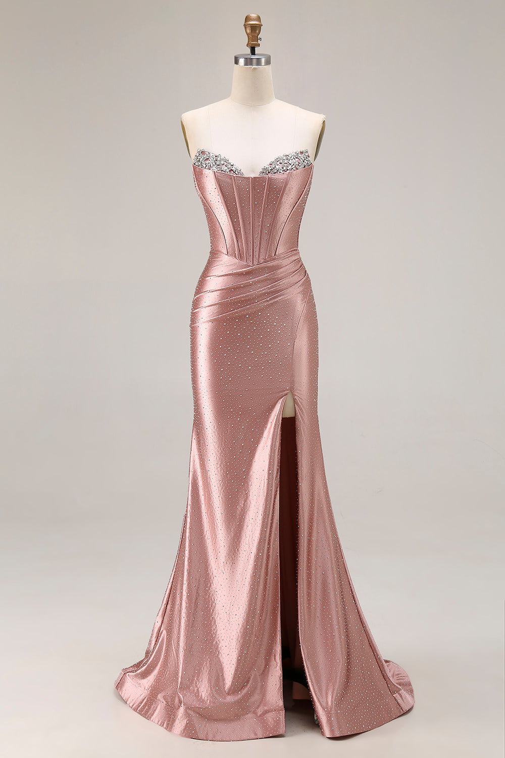 Dusty Rose Corset Satin Beaded Strapless Prom Dress With Slit