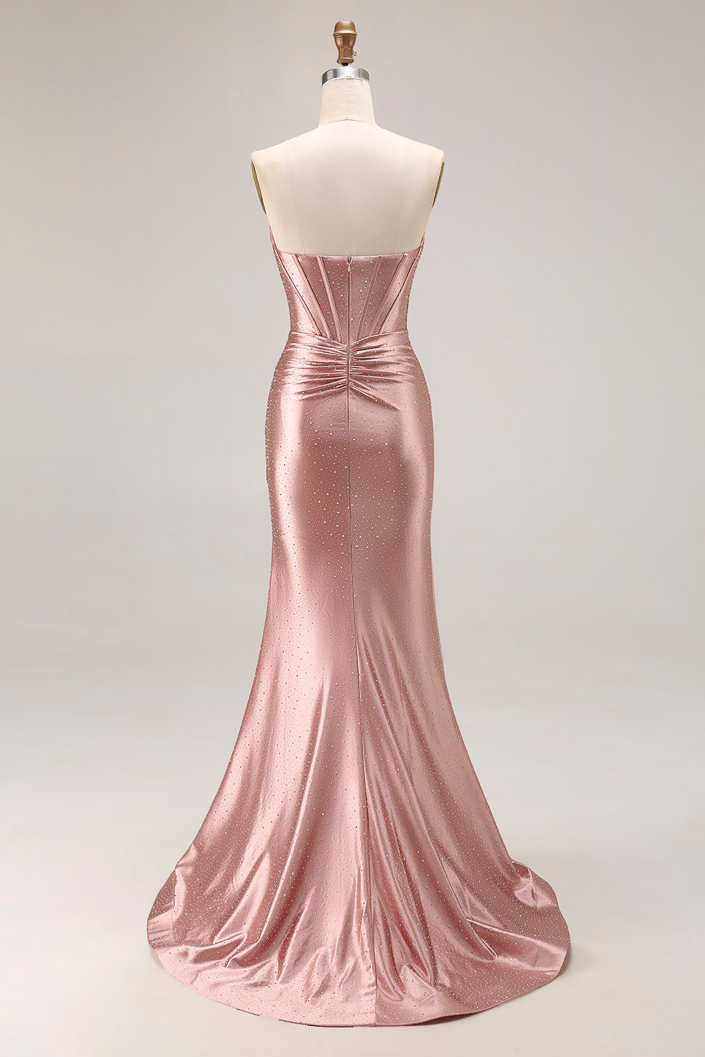 Dusty Rose Corset Satin Beaded Strapless Prom Dress With Slit