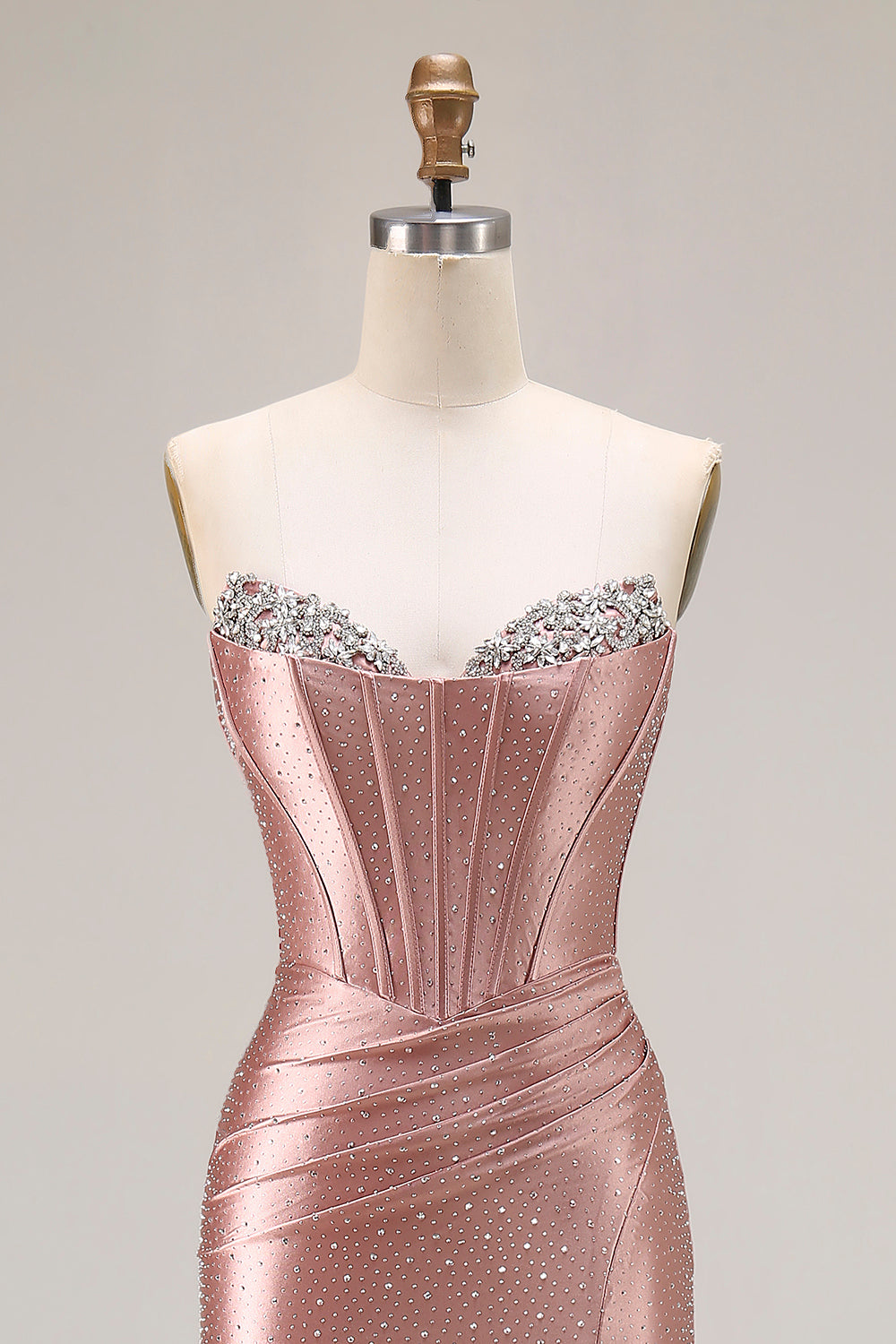 Dusty Rose Beaded Corset Sweetheart Maxi Prom Dress With Slit