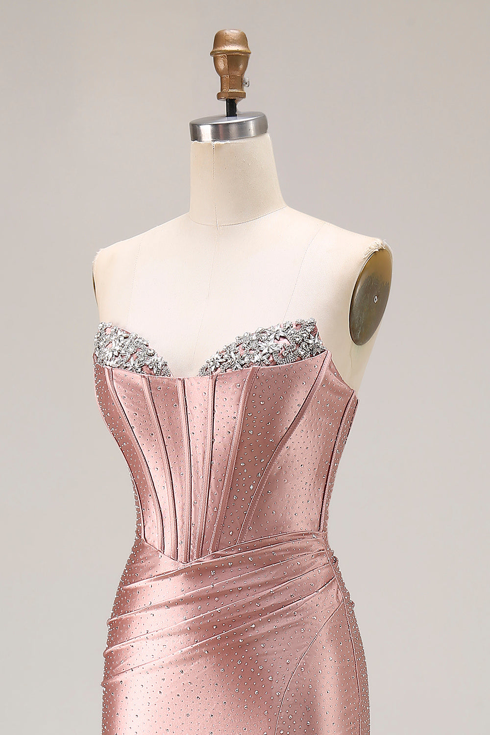 Dusty Rose Beaded Corset Sweetheart Maxi Prom Dress With Slit