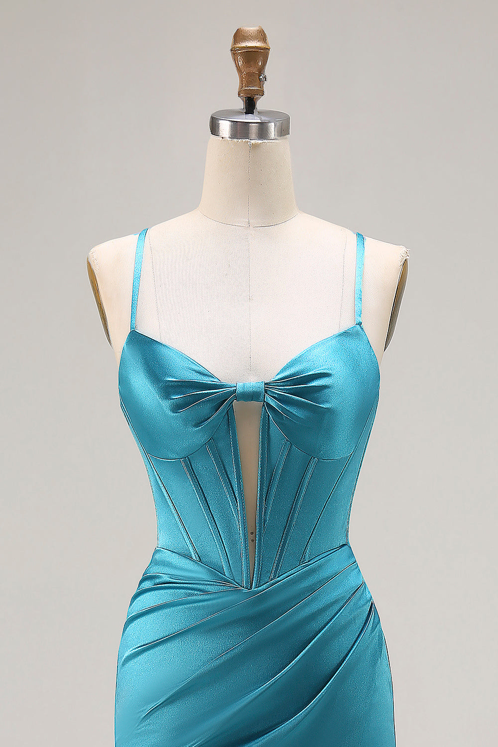 Peacock Blue Mermaid Corset Spaghetti Straps Maxi Prom Dress With Slit