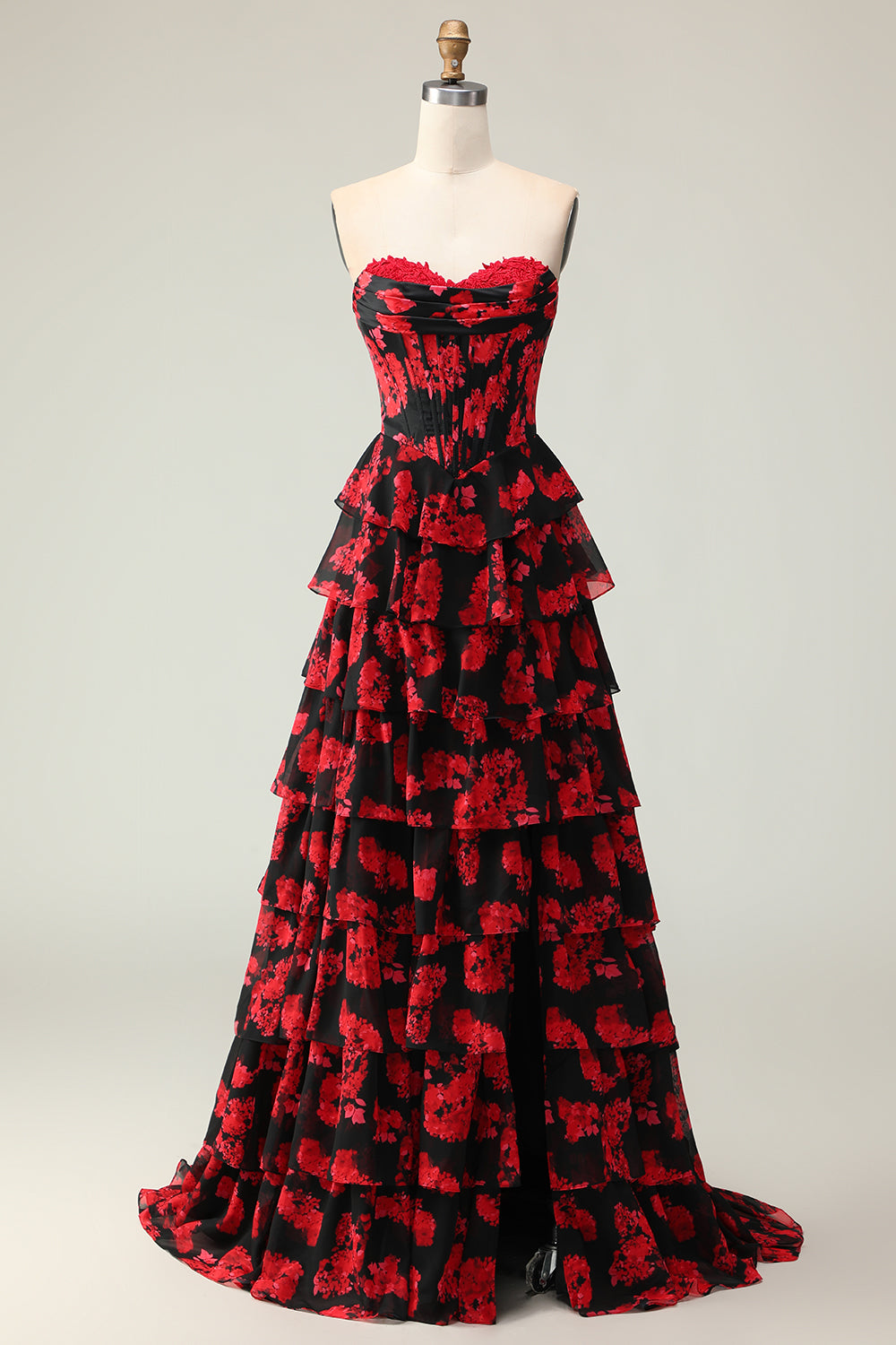 Tiered Black Red Floral Strapless Corset Prom Dress