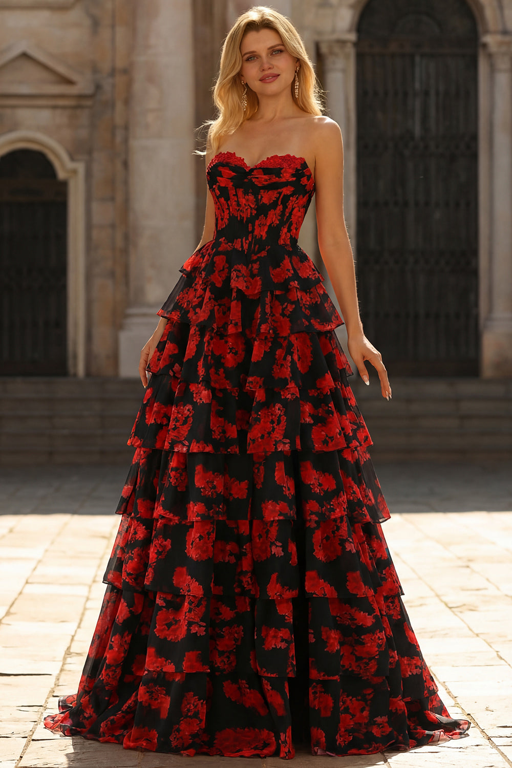 Black Red Flower Sweetheart Corset Ruffled Prom Dress With Slit