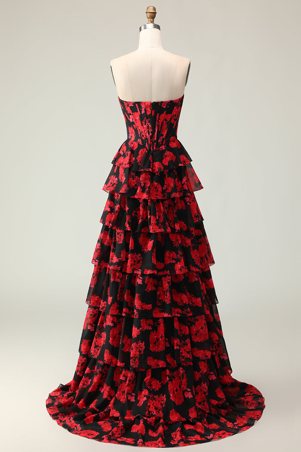 Tiered Black Red Floral Strapless Corset Prom Dress