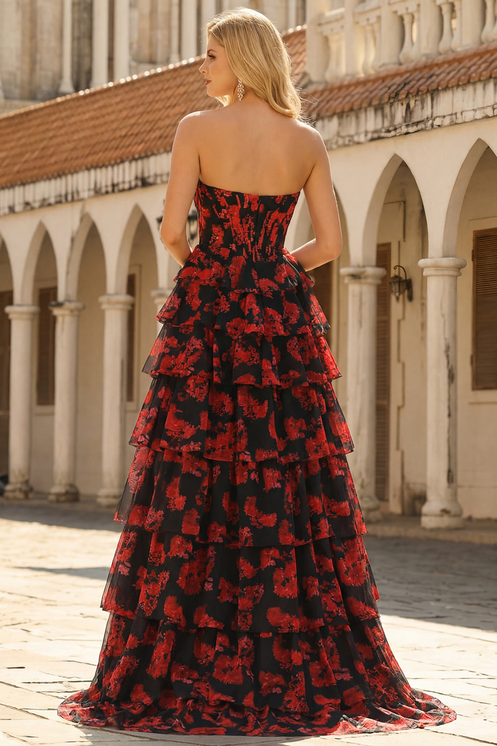 Tiered Black Red Floral Strapless Corset Prom Dress