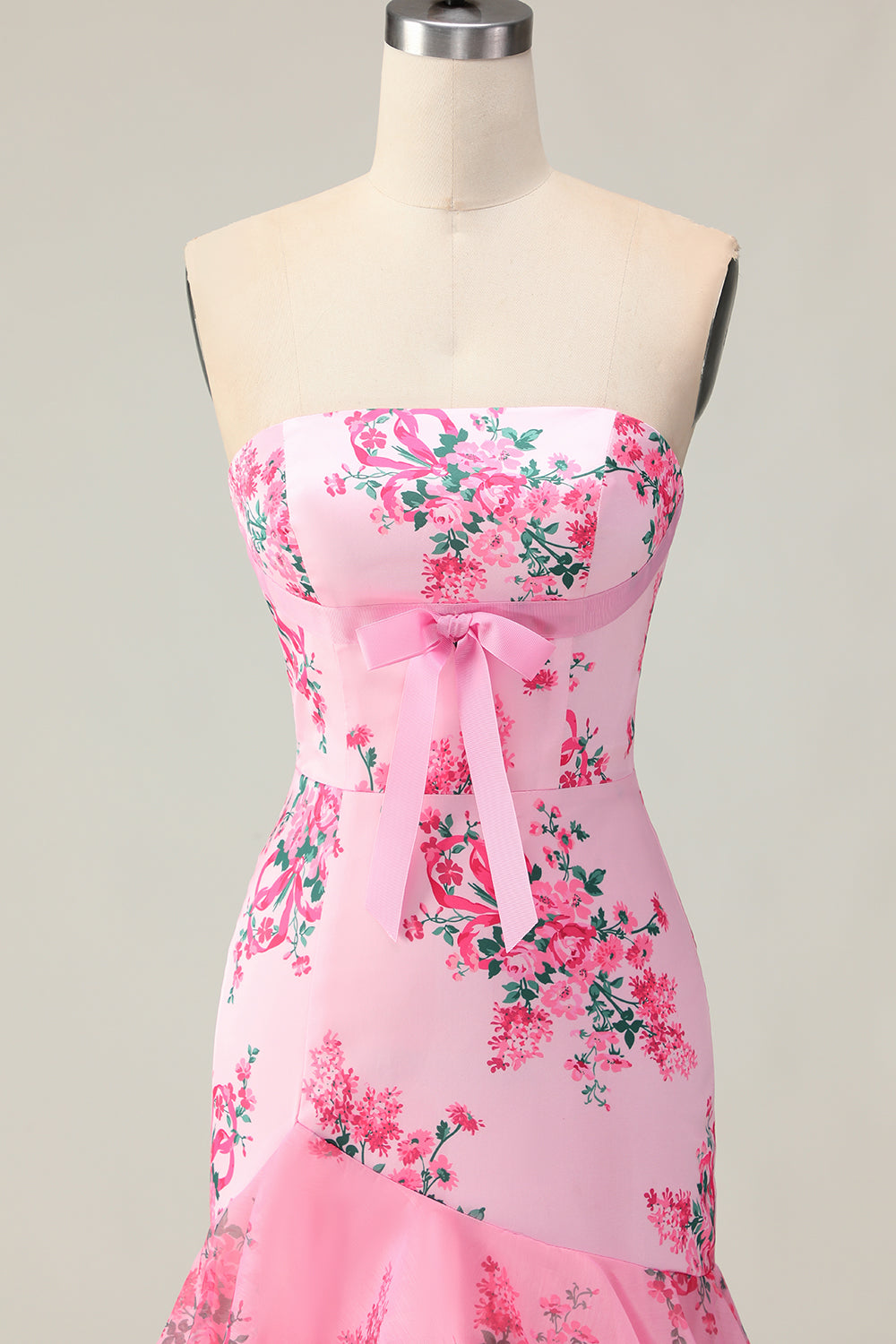 Strapless Pink Flower Ruffled Mermaid Prom Dress With Bow