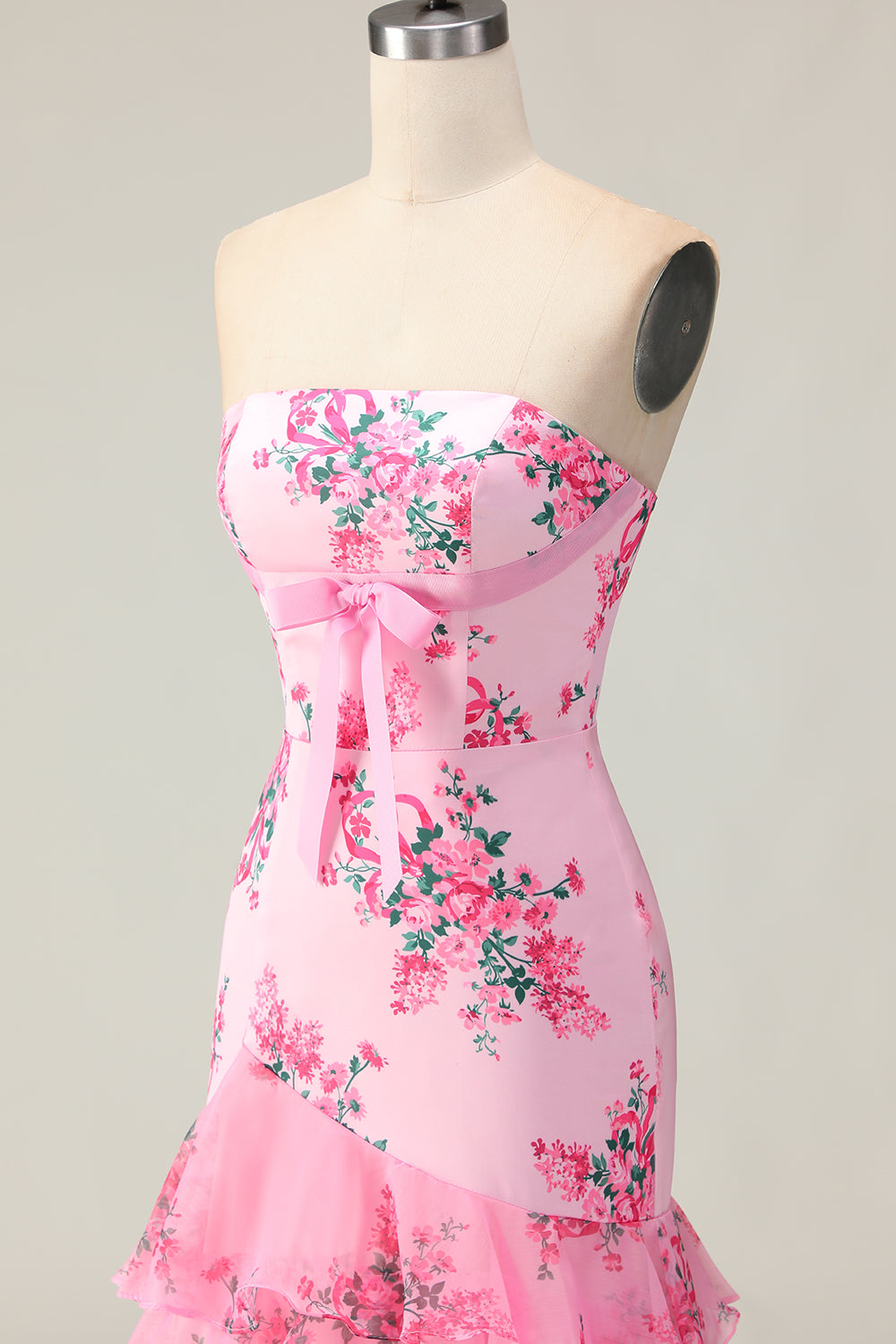 Strapless Pink Flower Ruffled Mermaid Prom Dress With Bow