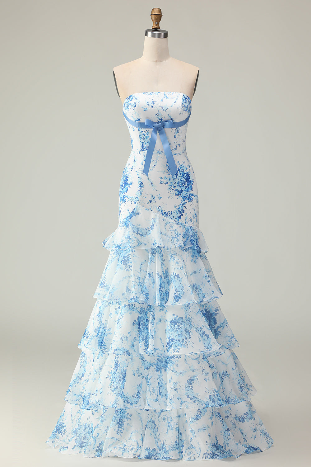 Strapless Pink Flower Ruffled Mermaid Prom Dress With Bow