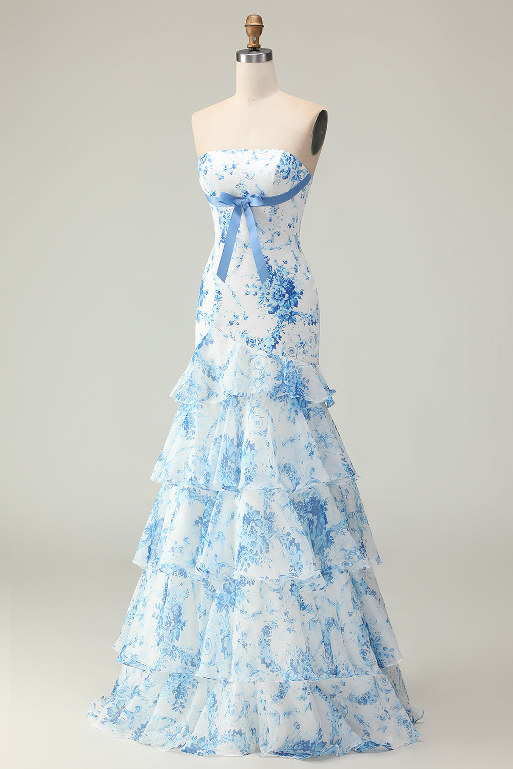 Strapless Pink Flower Ruffled Mermaid Prom Dress With Bow