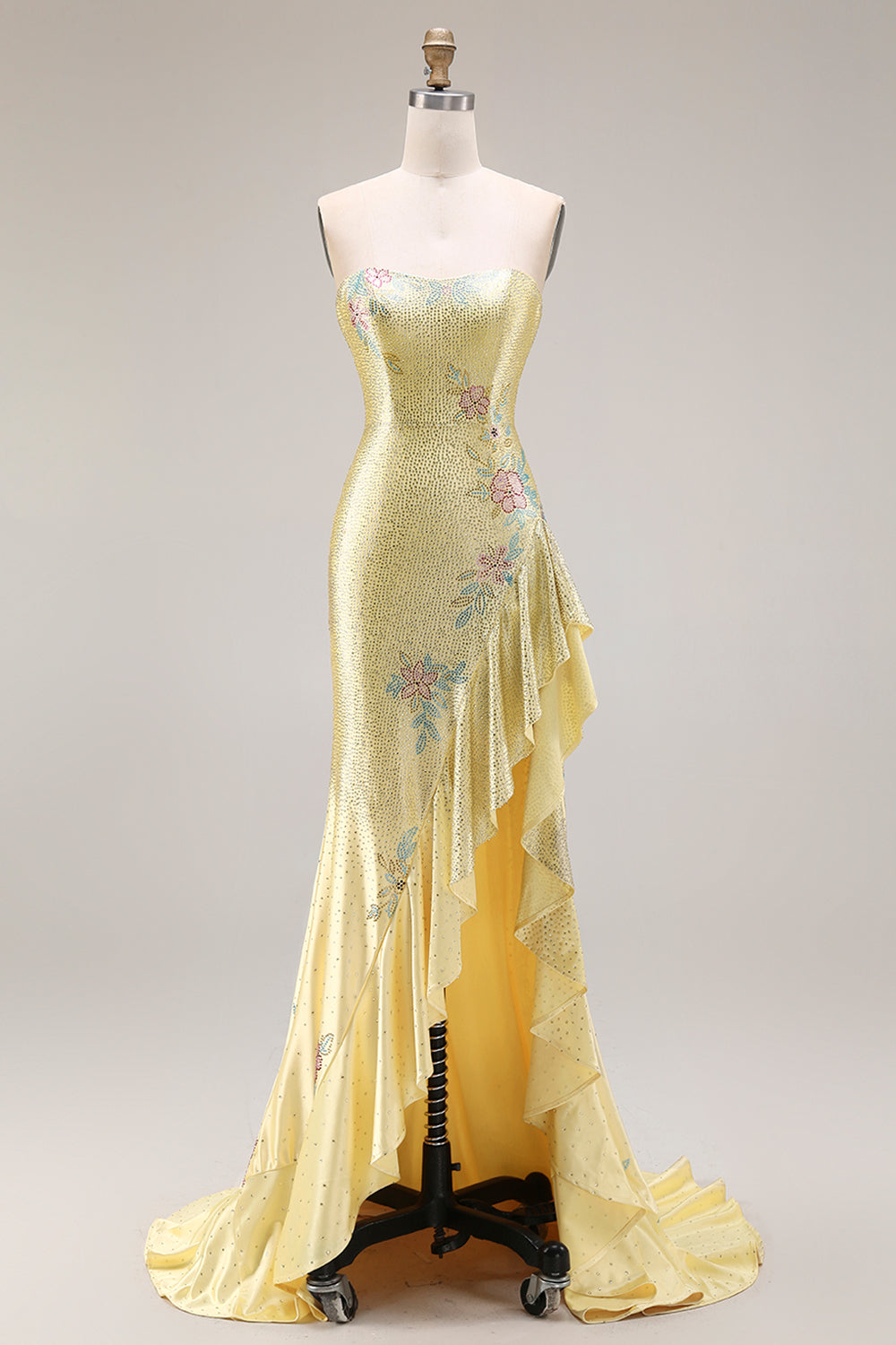 Sparkly Yellow Strapless Mermaid Prom Dress with Ruffles