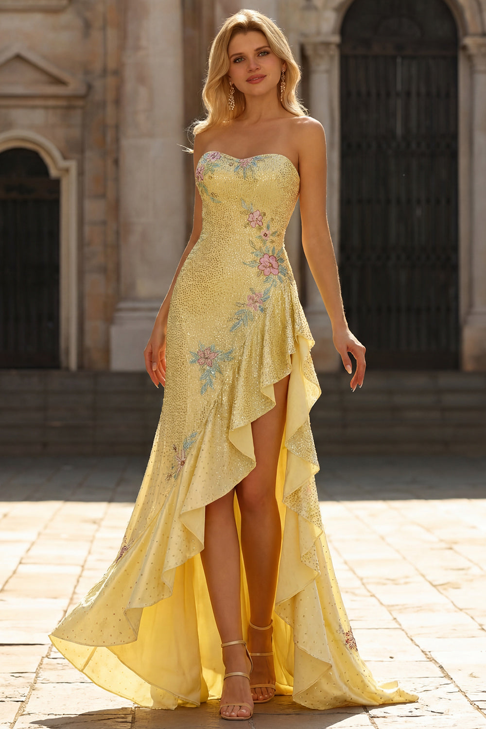 Sparkly Yellow Strapless Mermaid Prom Dress with Ruffles