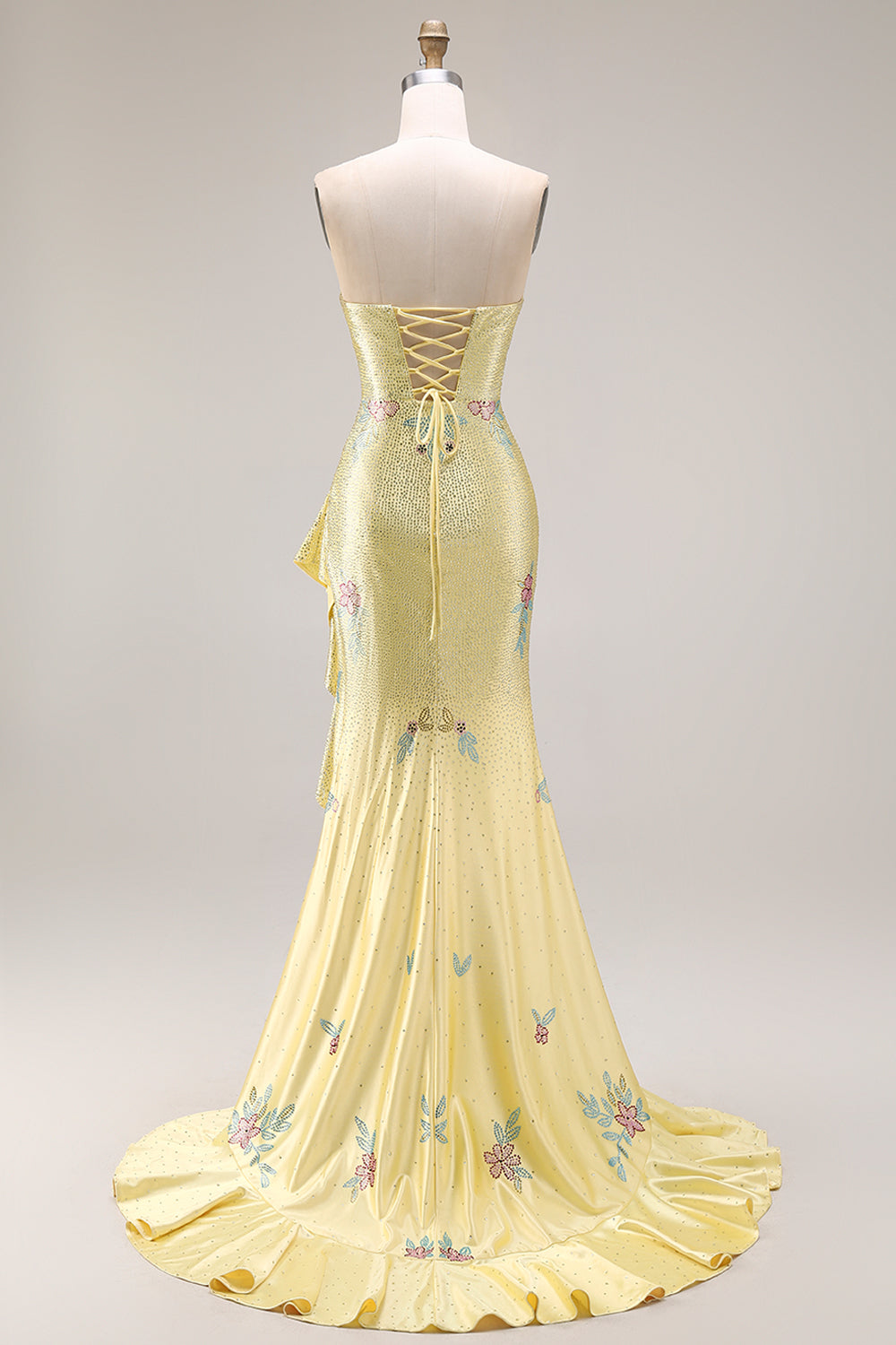Sparkly Yellow Strapless Mermaid Prom Dress with Ruffles