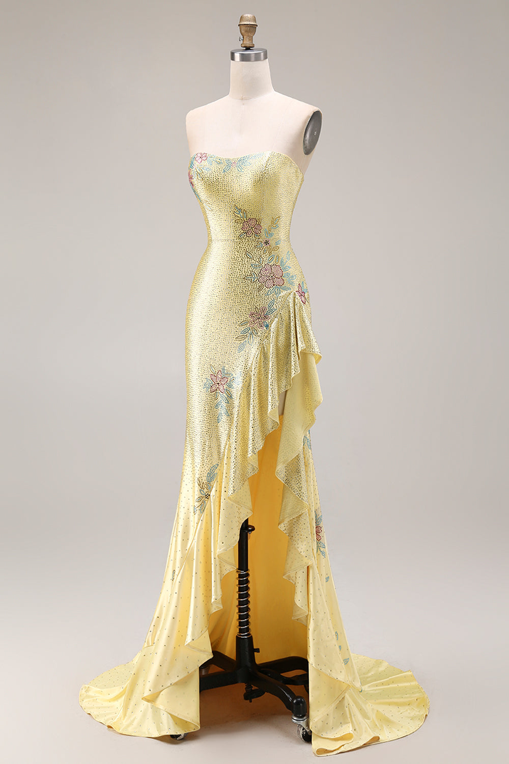Sparkly Yellow Strapless Mermaid Beaded Prom Dress