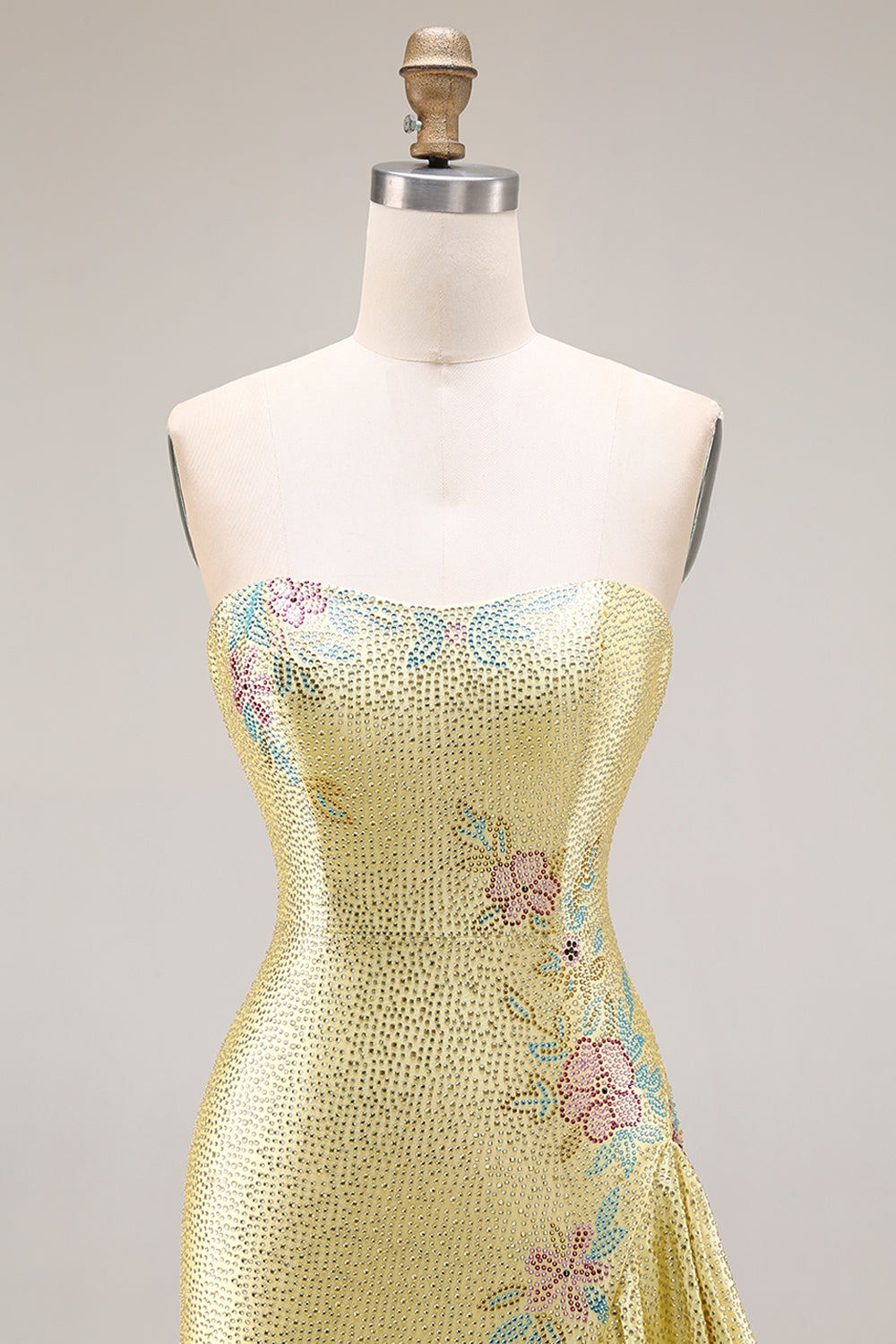 Sparkly Yellow Strapless Mermaid Beaded Prom Dress