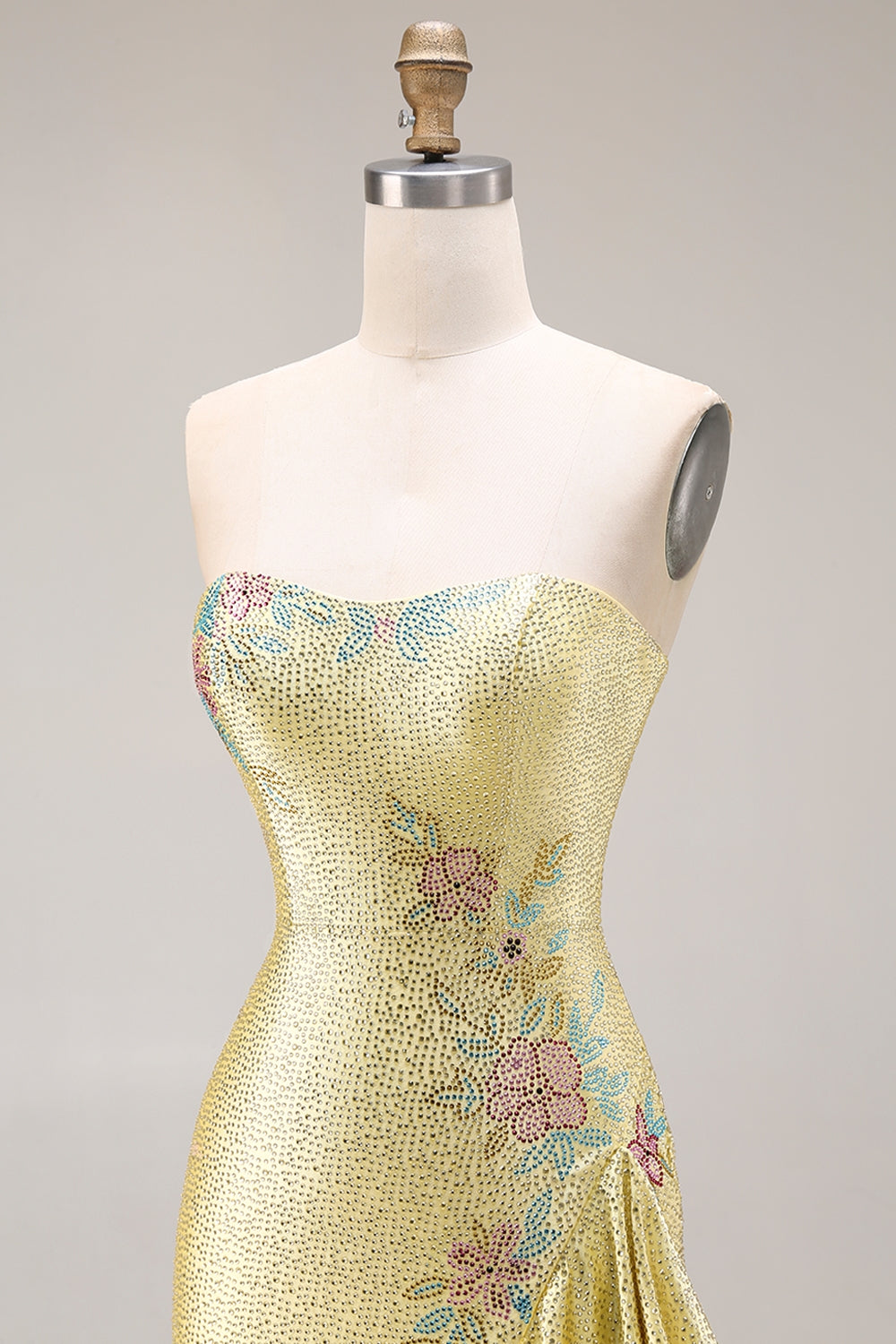 Sparkly Yellow Strapless Mermaid Beaded Prom Dress