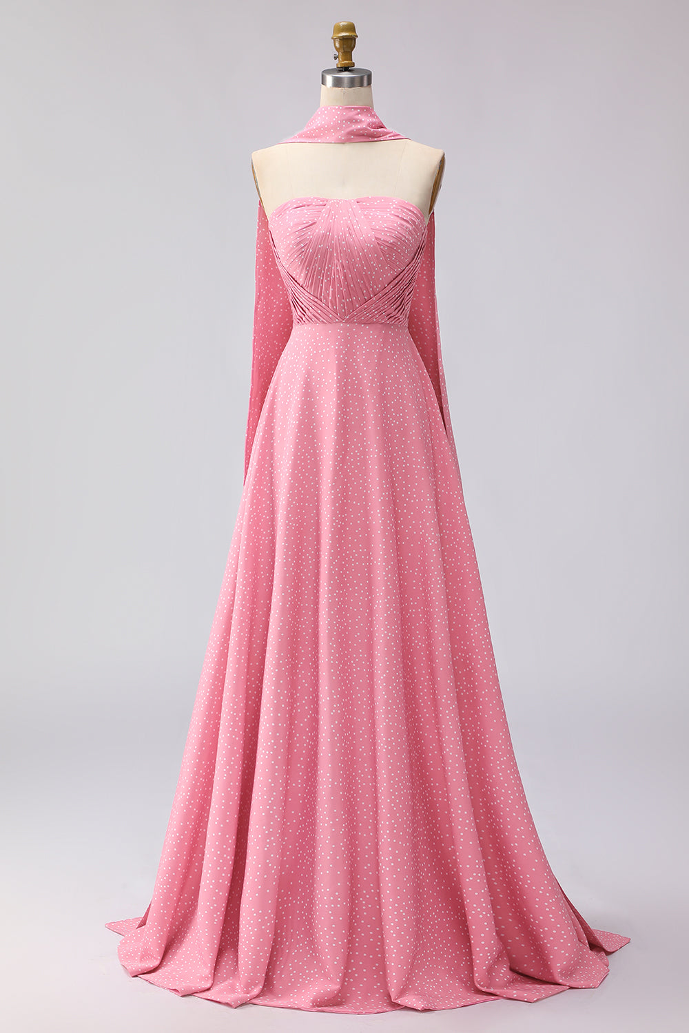 Pink White Polka Dot Strapless A Line Bridesmaid Dress