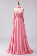 Pink White Polka Dot Strapless A Line Bridesmaid Dress