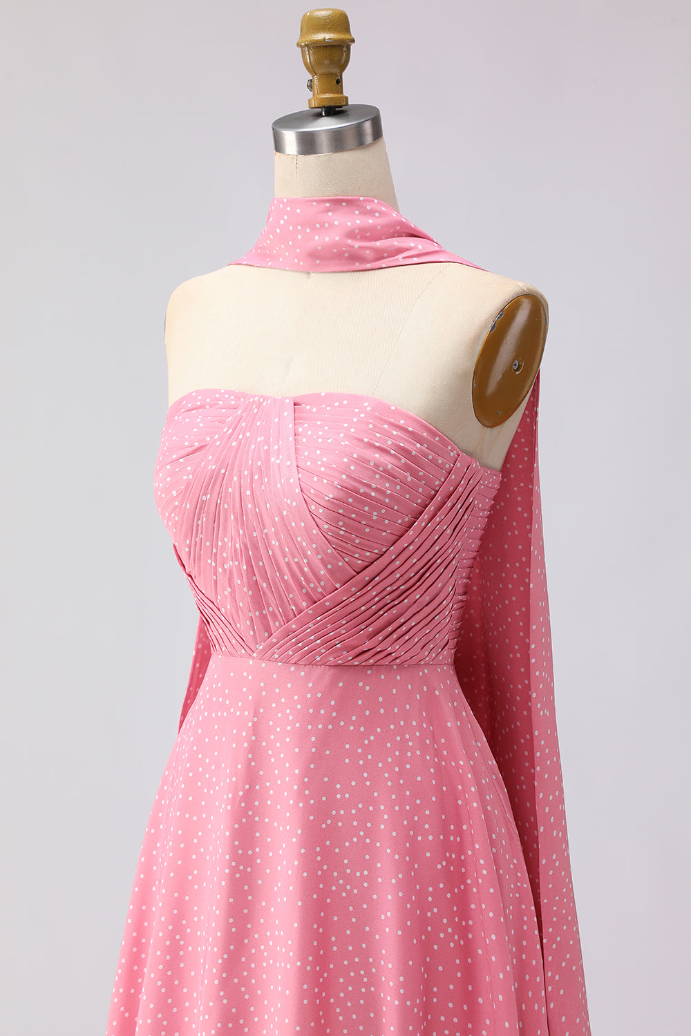 Pink White Polka Dot Strapless A Line Bridesmaid Dress