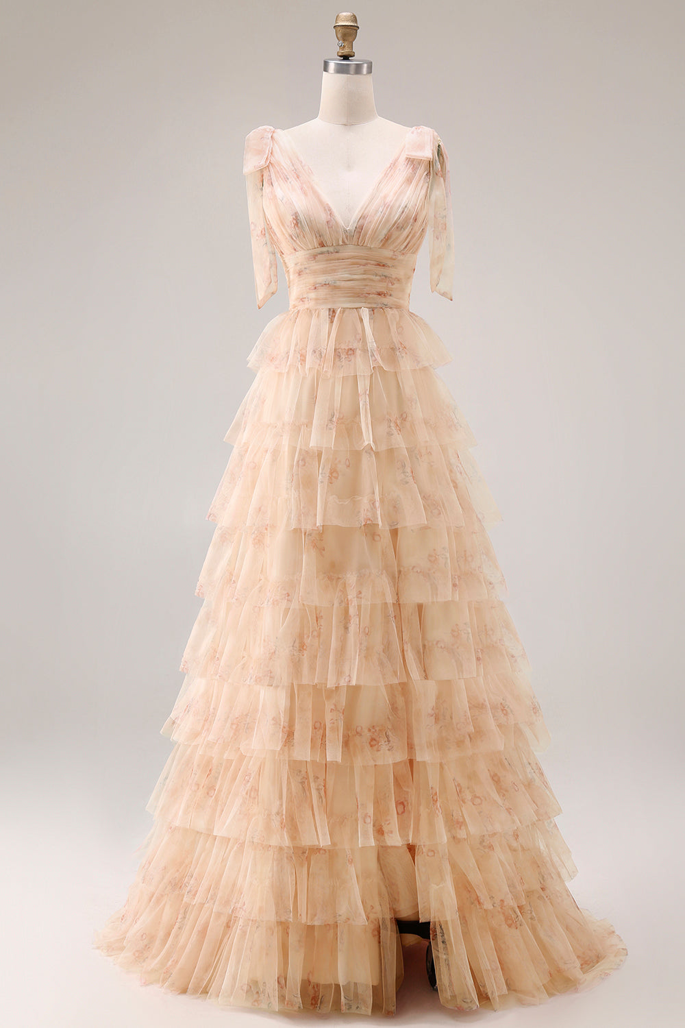Floral Champagne Tiered V Neck Prom Dress with Bows