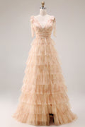 Floral Champagne Tiered V Neck Prom Dress with Bows