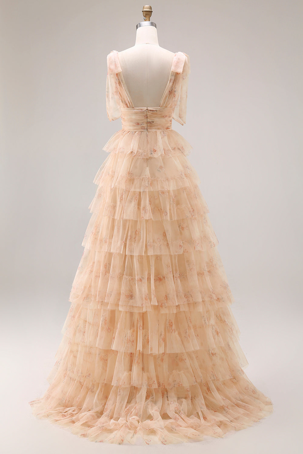 Floral Champagne Tiered V Neck Prom Dress with Bows