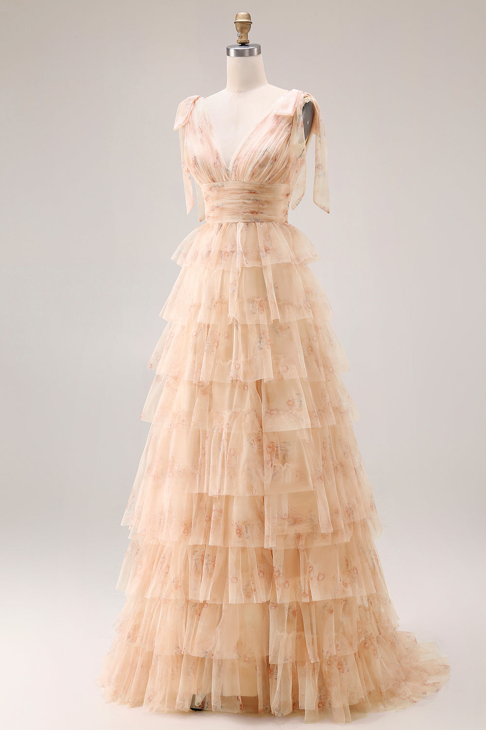 Floral Champagne Tiered V Neck Prom Dress with Bows