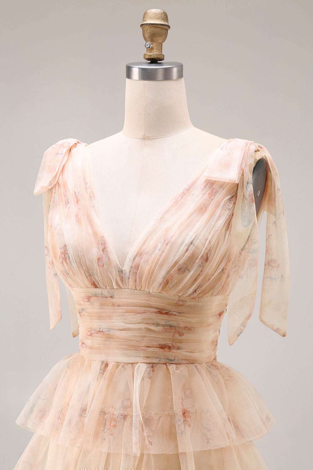 Floral Champagne Tiered V Neck Prom Dress with Bows