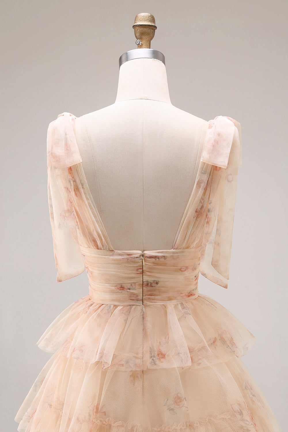 Floral Champagne Tiered V Neck Prom Dress with Bows