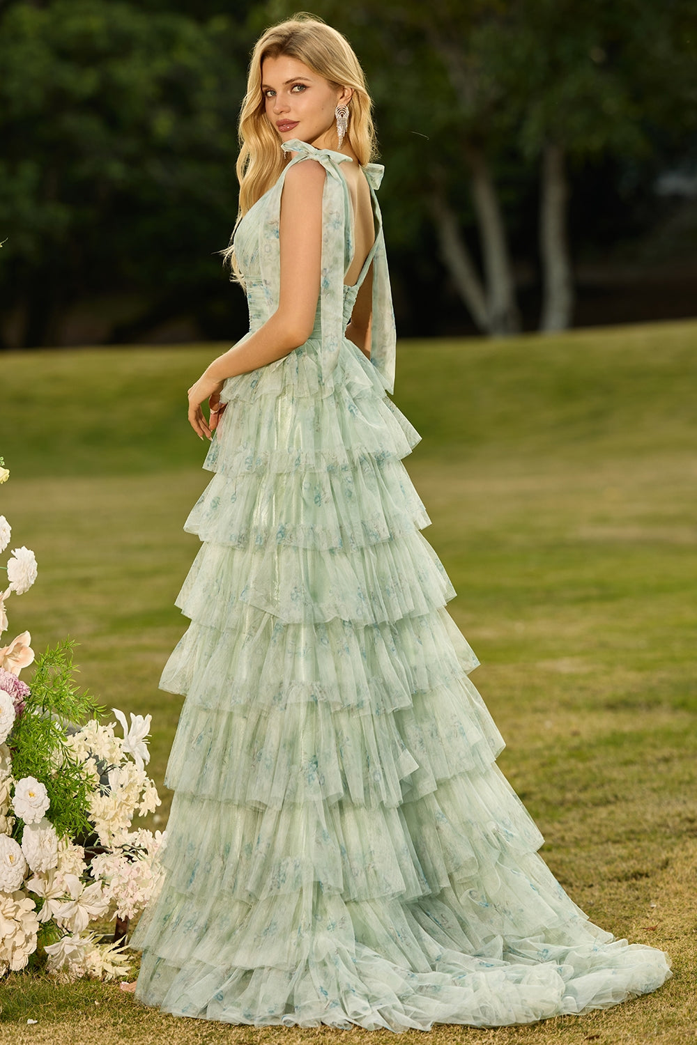 Floral Champagne Tiered V Neck Prom Dress with Bows