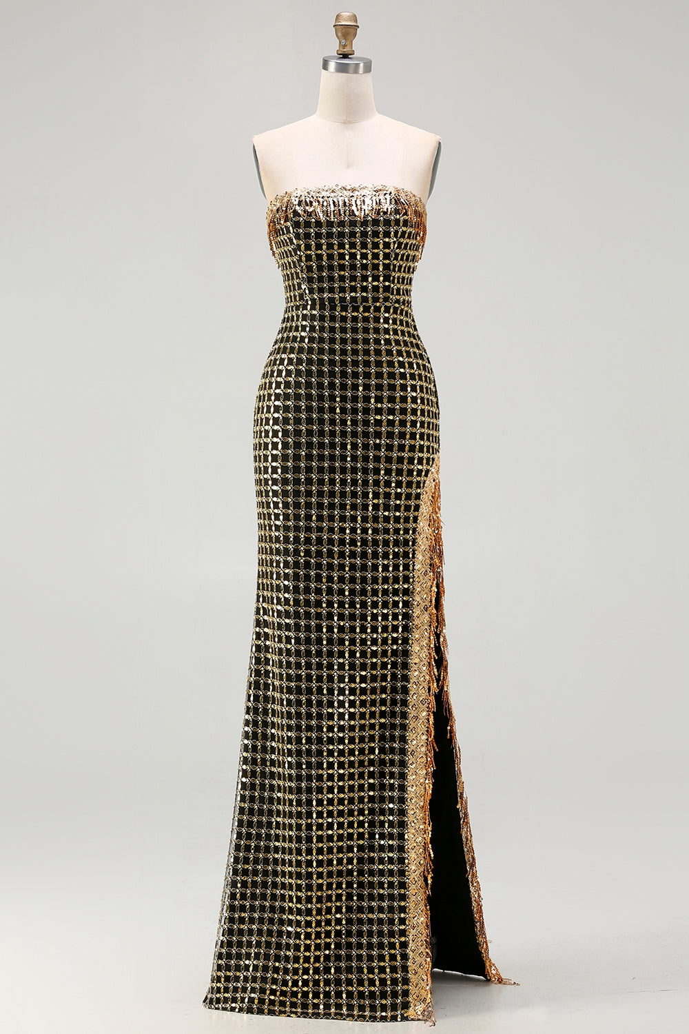Sparkly Strapless Black Golden Prom Dress with Slit