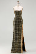 Strapless Black Golden Sequin Pearl Prom Dress With Slit
