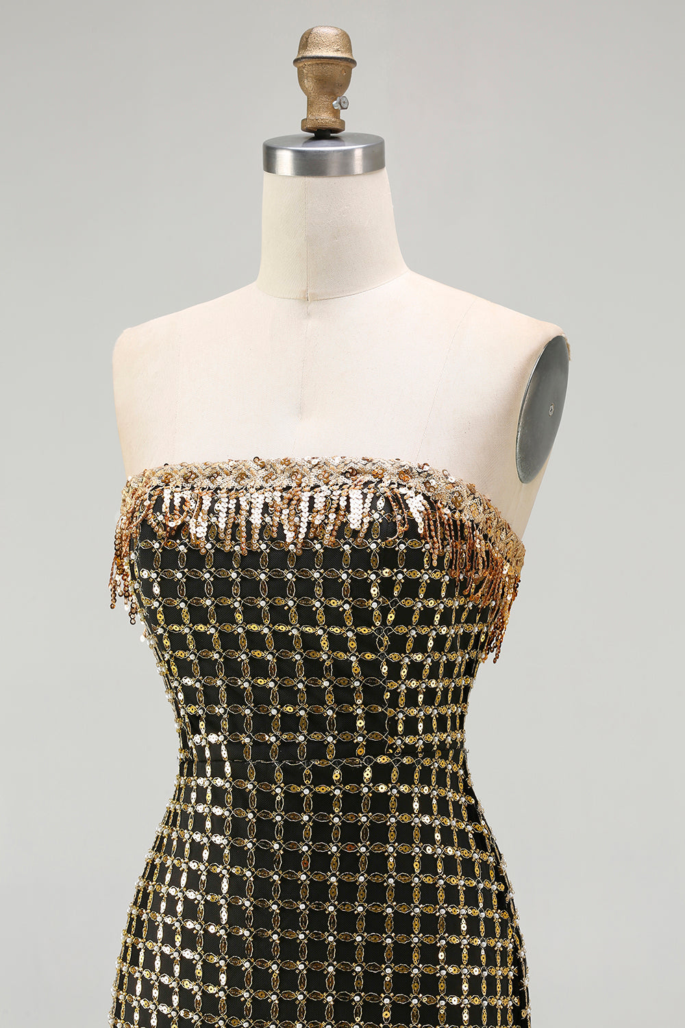 Strapless Black Golden Sequin Pearl Prom Dress With Slit