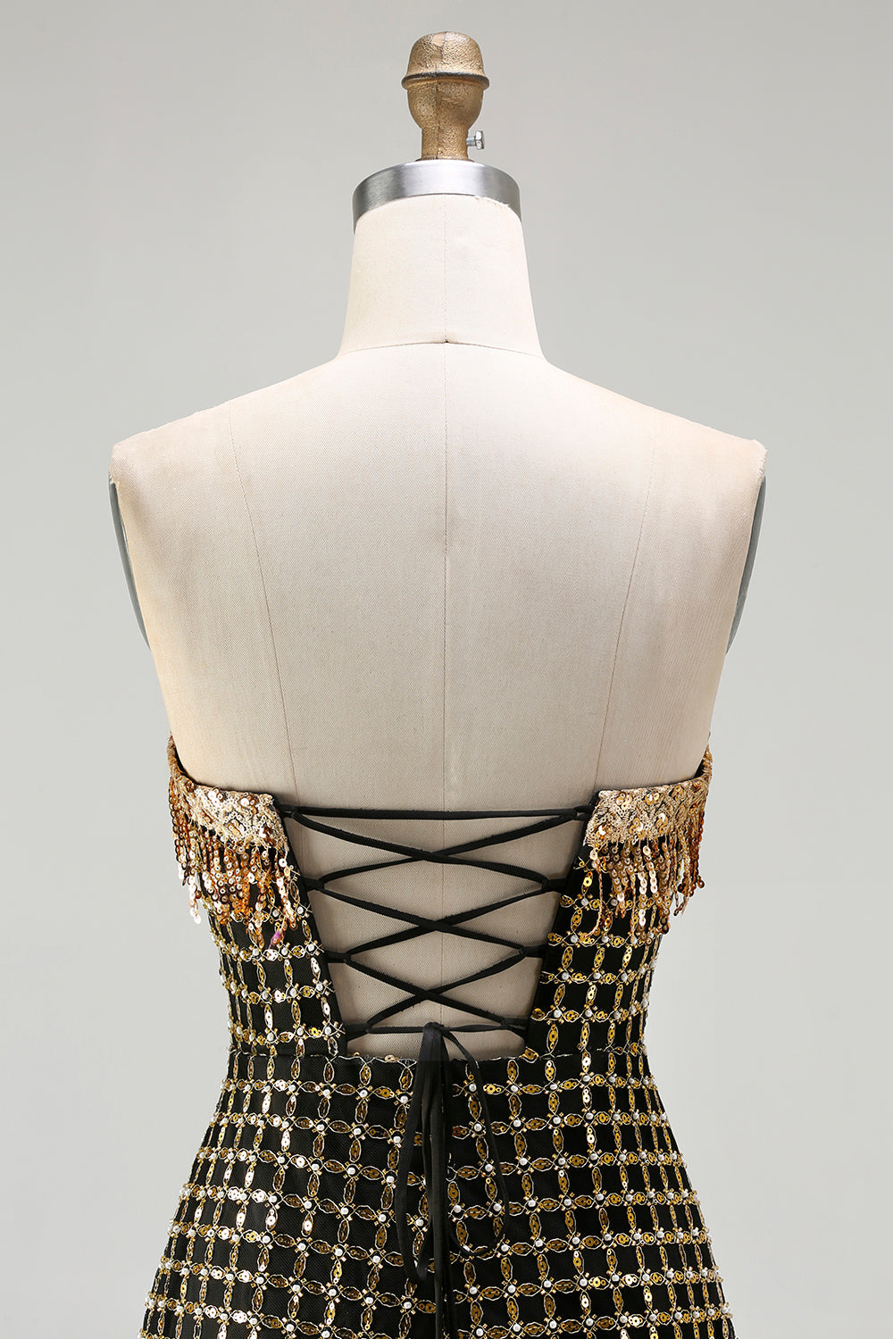Strapless Black Golden Sequin Pearl Prom Dress With Slit
