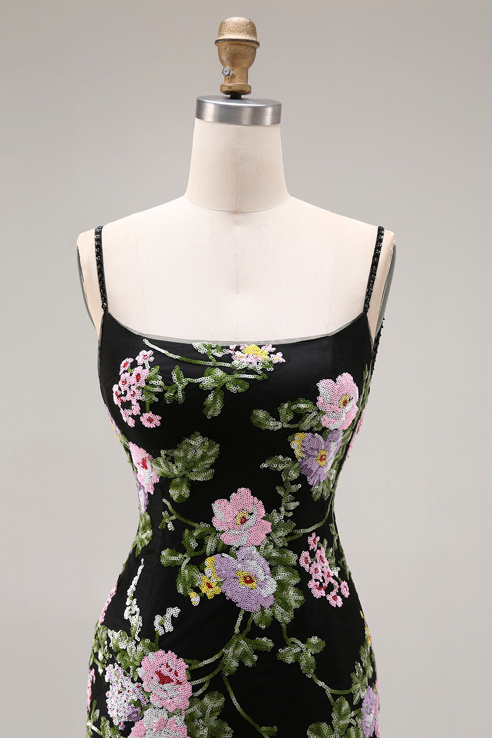 Black Pink Floral Tiered Sequin Prom Dress
