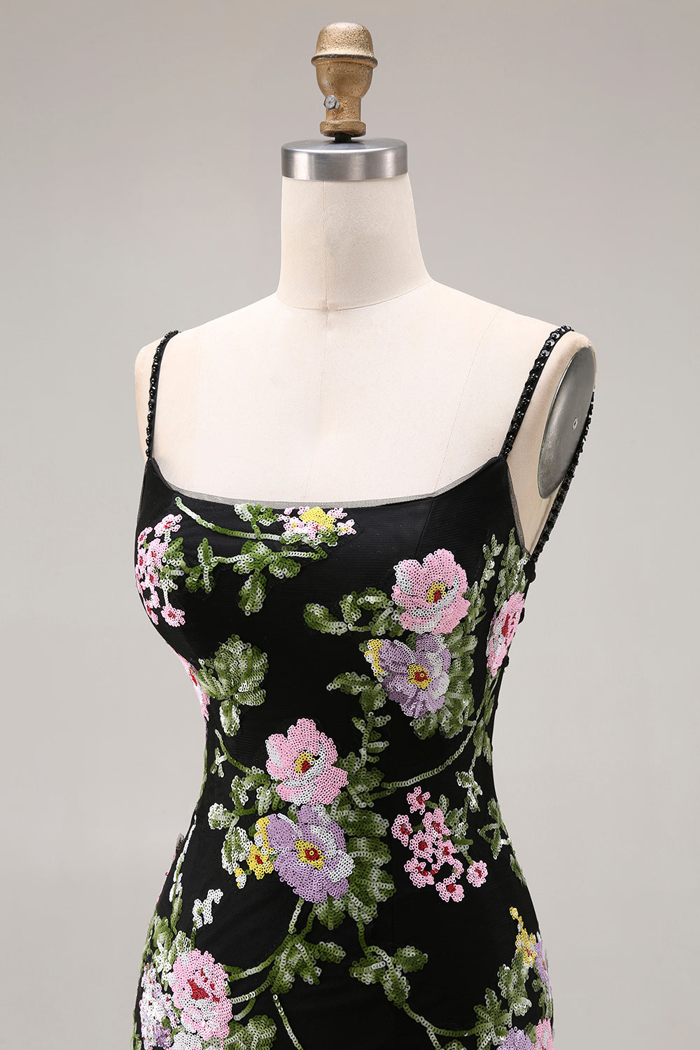 Black Pink Floral Tiered Sequin Prom Dress